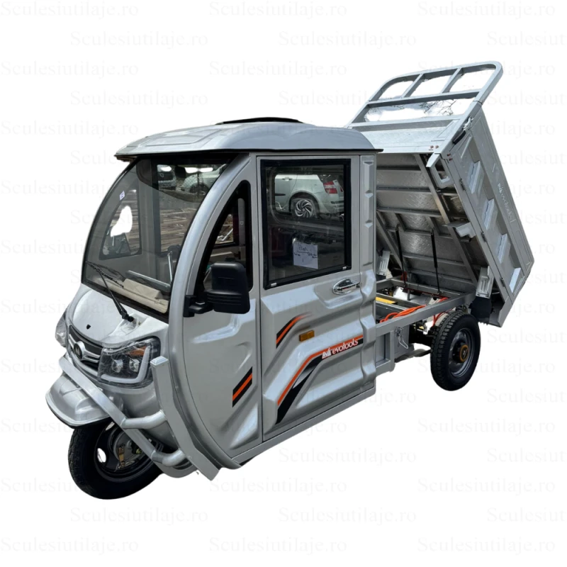 Triciclu Electric Cargo TRCB1500 – putere maxima 3800W, 72V/58Ah, autonomie 60 km, bena basculabila cu piston, 3+R, sarcina totala 776 kg, omologat pentru drum public