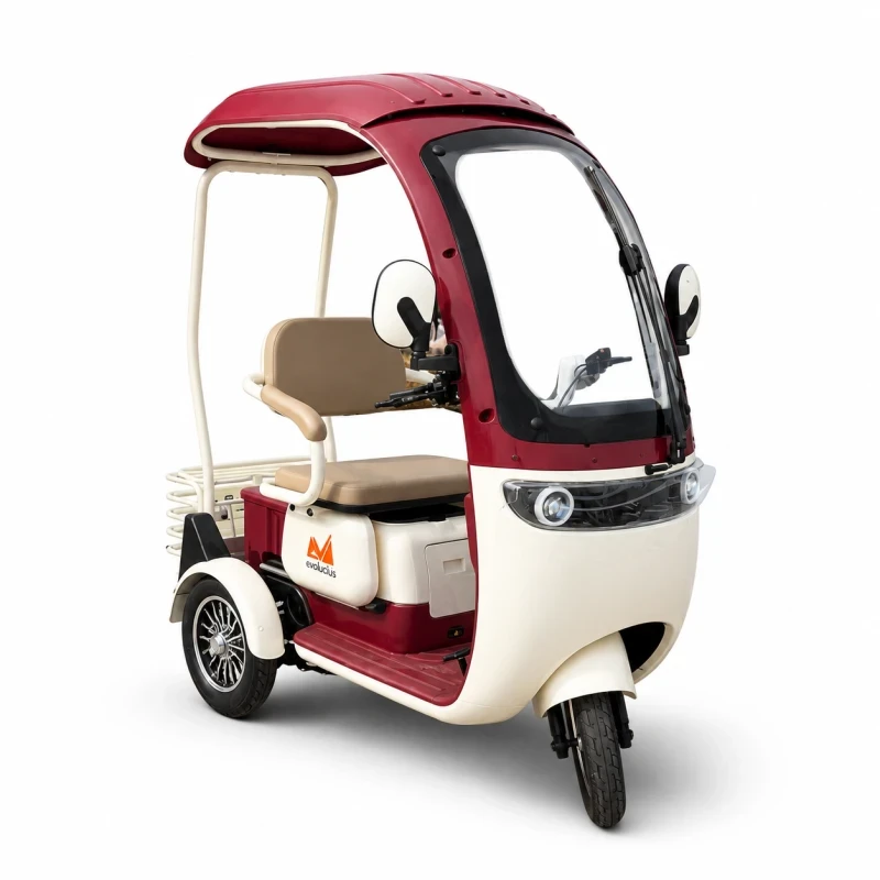 Triciclu Electric EvoTools, TRP1000CD Alb-Rosu, 1000W, 60V 20Ah, Autonomie, 56 km, viteza maxima de 25 km/h, conform reglementarilor UE, fara permis