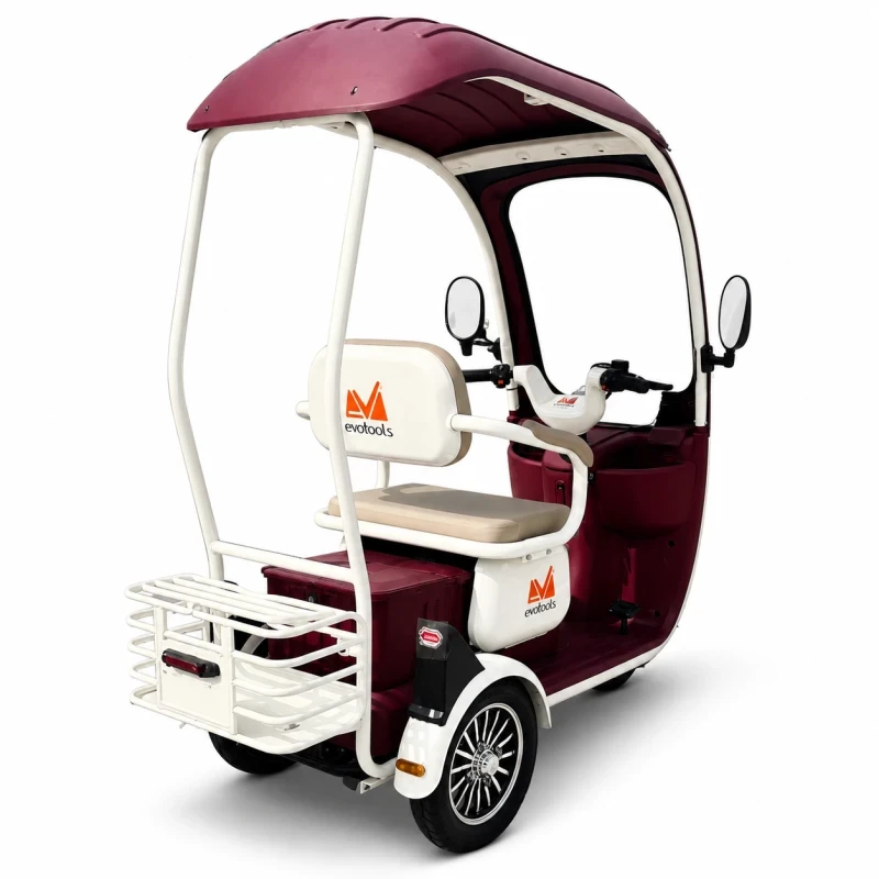 Triciclu Electric EvoTools, TRP1000CD Alb-Rosu, 1000W, 60V 20Ah, Autonomie, 56 km, viteza maxima de 25 km/h, conform reglementarilor UE, fara permis