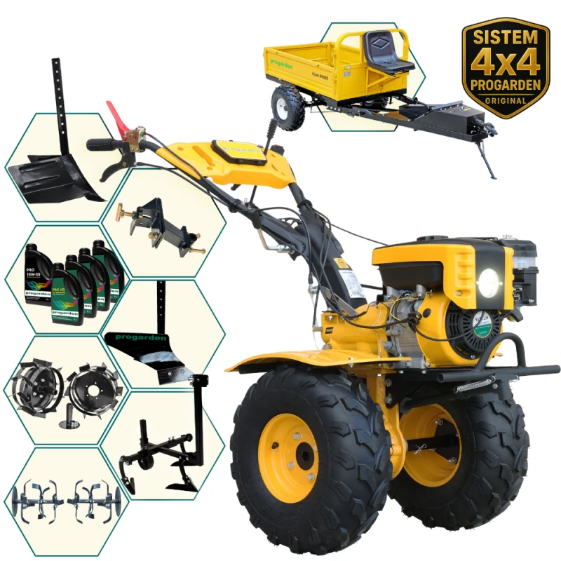 ProGARDEN Pachet Campo 873 Alpine motocultor 7CP + Prasitoare PRS20-45 + Remorca RM500T + Plug simplu + Plug bilonat/rarita + Adaptor reglabil + 2 Roti metalice 350x6 + Set flanse + 5L Ulei