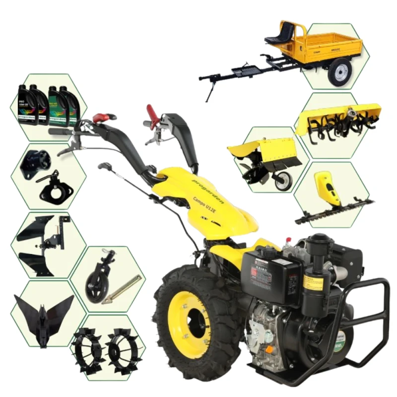 ProGARDEN Pachet Campo U12E Motocultor 12CP + RM500C Remorca 500Kg + BC120M Bara cosire + 3xPlug + FT90 Freza tractata + 2xRoti metalice RM47 + 2xCuple + 4L Ulei