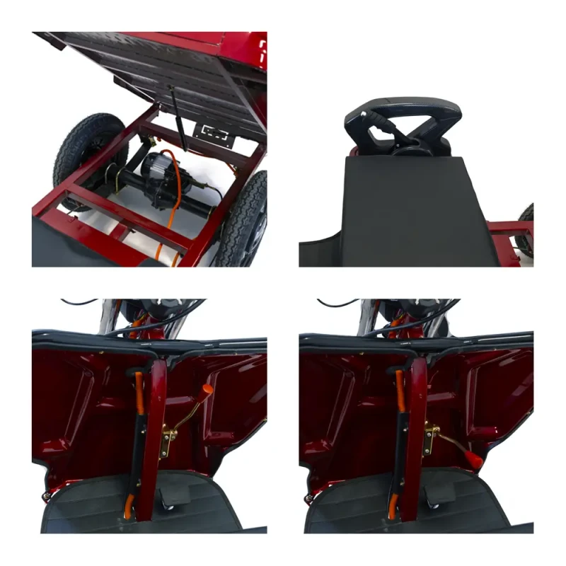 Tricicleta electrica Rotakt Nautilus, autonomie 70 Km, viteza 25 km/h, bena basculabila, putere 1600W, acumulatori 60v/32Ah, culoare visinie, fara permis, reductor pentru greu si usor mecanic