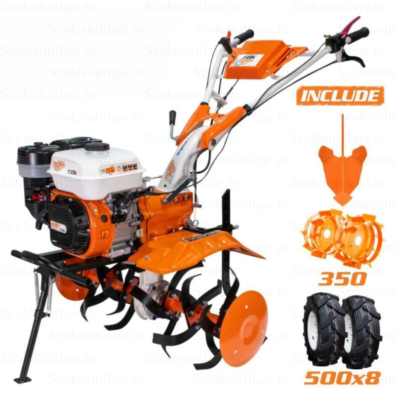 Motosapa pe benzina RURIS 731K, 8.5 CP, latime lucru 83 cm, 3.6 l, roti cauciuc 5.00-8, rarita ajustabila, roti metalice 350 fara manicot