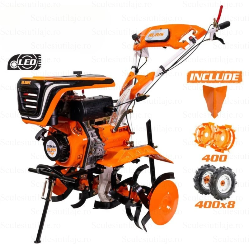 Motocultor RURIS 651KSD, 6 CP, 208 CC, Diesel, 4 timpi, latime lucru 1000 mm, adancime lucru 200 mm, roti cauciuc, rarita, roti metalice 400 fara manicot