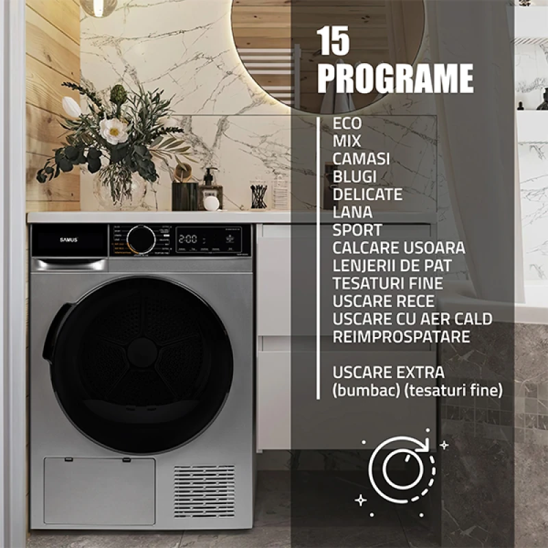 Uscator de rufe Samus SADP-836DS, Pompa de caldura, 8 kg, 15 programe, Clasa D, Igienizare UV, Afisaj electronic (Gri inchis)