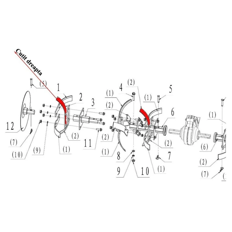 Cutit dreapta RURIS PS6500k-7-2, distanta gauri fixare 70 mm, pentru motosapa Dac, Ruris, Gigant, Zimbru