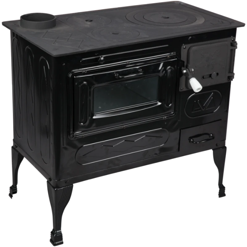 Soba de Gatit pe Lemne Evotools Tip A – Cuptor si Plita din Fonta, 7.5 kW, Stanga, Emailata, Negru Email