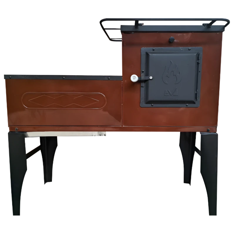 Soba pe Lemne cu Plita din Fonta (3 Ochiuri) și Cuptor dreapta, Emailata, Ø120 mm, 1000x1150x450 mm, Randament 67%, Maro