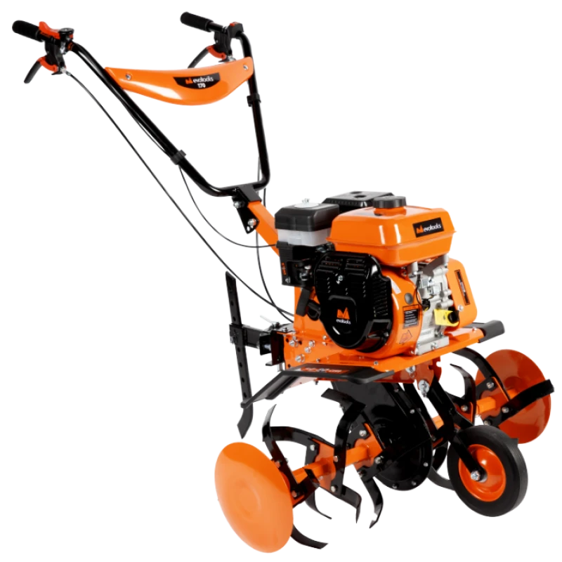 Motosapa pe benzina Evotools T70, putere 7 CP, 212 CC, motor 4 timpi, 1+1 viteze, latime lucru 54 - 80 cm, adancime lucru 10 - 31 cm, contine: roata transport + freze cu disc limitare
