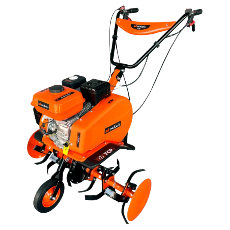 Motosapa pe benzina Evotools T70, putere 7 CP, 212 CC, motor 4 timpi, 1+1 viteze, latime lucru 54 - 80 cm, adancime lucru 10 - 31 cm, contine: roata transport + freze cu disc limitare