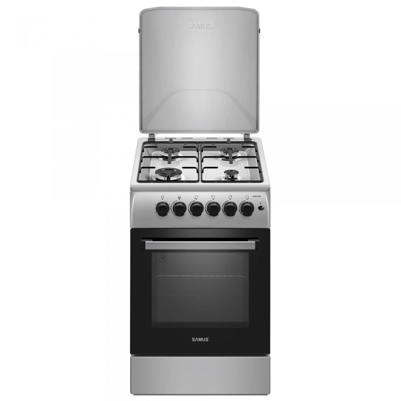 Aragaz Samus SM561XPBS, 4 Arzatoare gaz, Cuptor gaz, Aprindere electrica plita, Timer, Sigurante plita si cuptor, Inox/ Argintiu