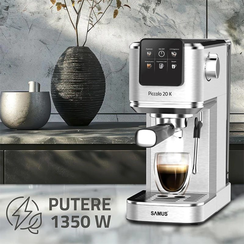 Espressor manual Samus PICCOLO 20 K, 1350 W, 20 bari, Rezervor 1.2 l, 5 bauturi, Utilizare cafea macinata sau capsule (Inox)