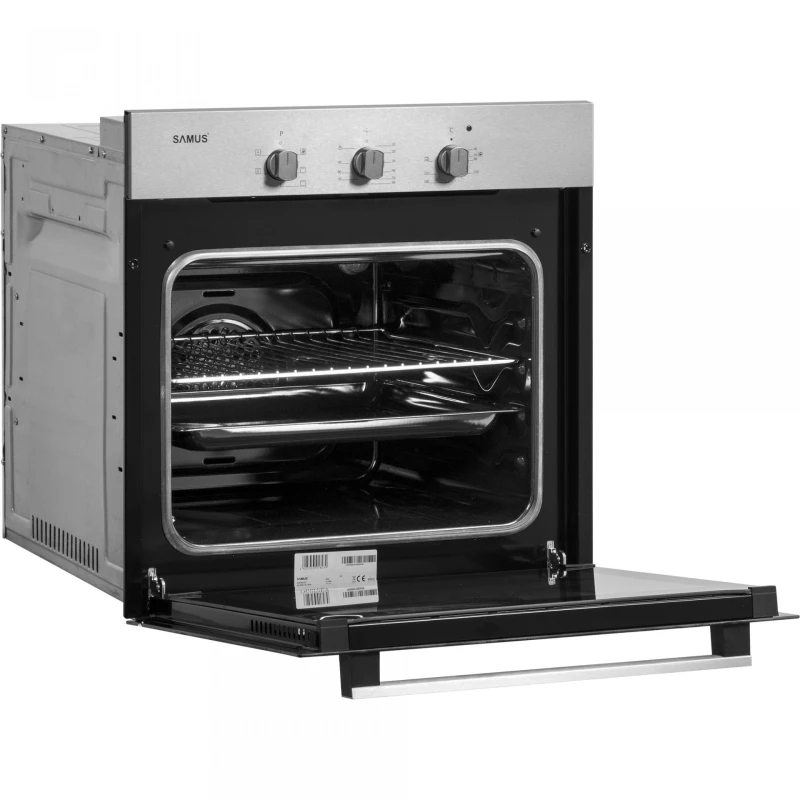 Cuptor incorporabil Samus SC616GTXV, Electric, 62 L, 5 functii, Timer, Ventilatie tangentiala de racire, Clasa A, Geam Low-E, Butoane ergonomice, Maner metalic, Negru/Inox