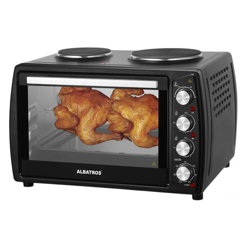 Cuptor electric Albatros A63BPRC2, 3200 W, 63 L, 2 zone de gatit electrice, Rotisor, Convectie, 7 functii, Negru