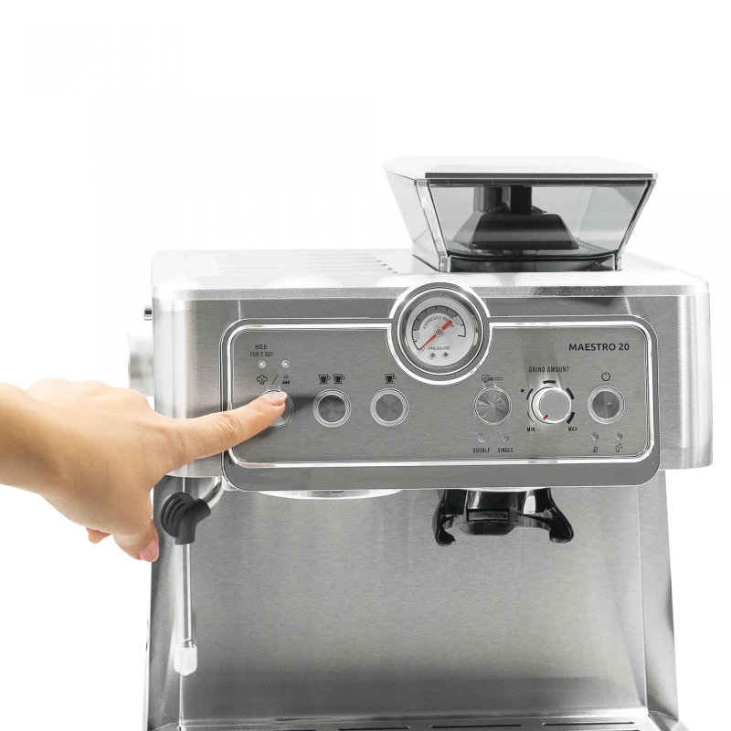 Espressor Samus MAESTRO 20, 1350 W, 20 Bari, Rezervor de apa detasabil 2.3 L, Capacitate rasnita 200 g, Optiune 1 sau 2 cesti de cafea, Diuza spumare lapte, Filtru dublu inoxidabil, Argintiu