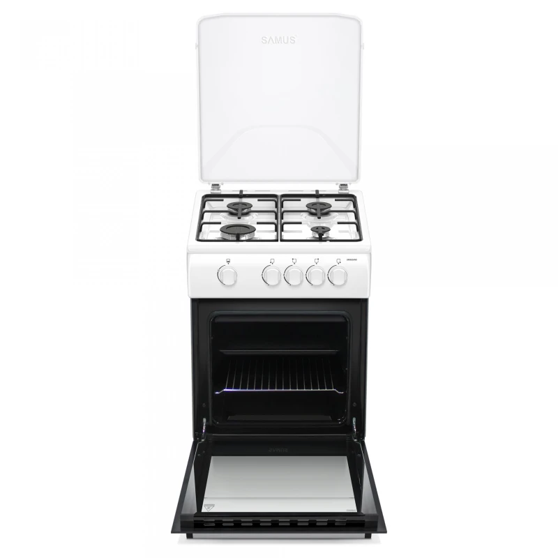 Aragaz Samus SM561ANS, 4 Arzatoare gaz, Cuptor pe gaz, Siguranta plita si cuptor, Geam dublu la cuptor, Alb