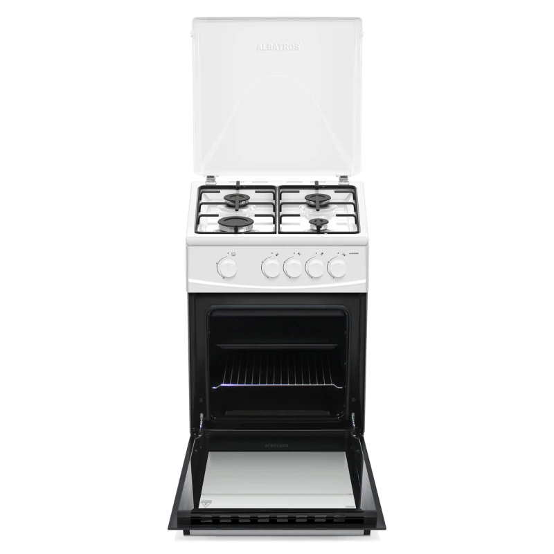 Aragaz Albatros AL452ABS, 4 Arzatoare gaz, 50cm, Cuptor gaz, Siguranta plita si cuptor, Geam dublu la cuptor, Alb