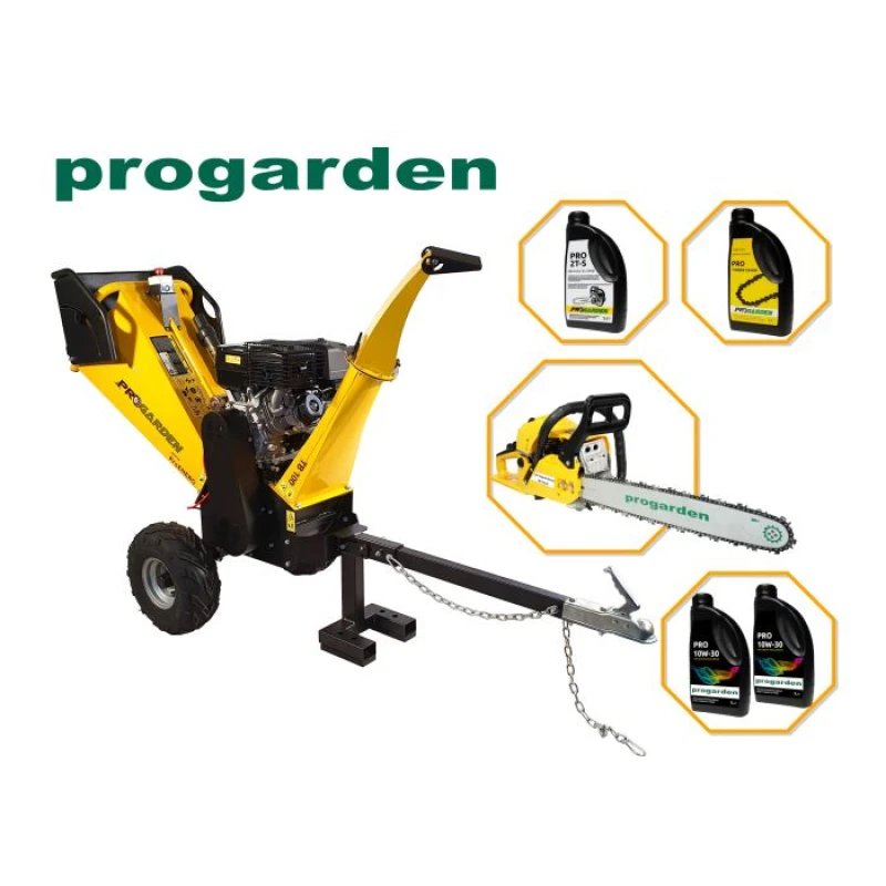 Pachet ProGARDEN TB100E Tocator resturi vegetale, 12CP, 65-100mm + MF3545P Motoerastrau 450mm, 3.4CP + 4L ulei