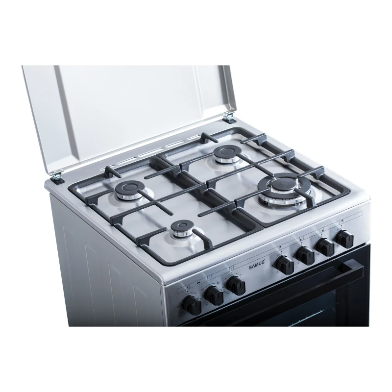 Aragaz SAMUS SM662AENS1, Gaz+Electric, 4 arzatoare, Wok, Cuptor electric 56 l, 7 functii, Clasa A (Inox)