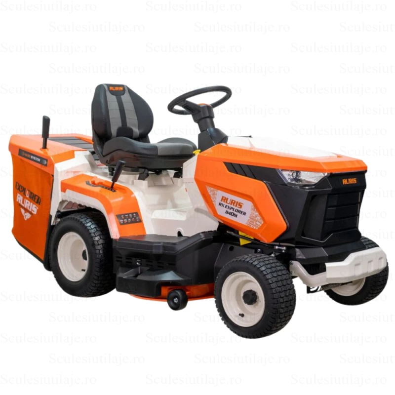Tractor de tuns gazon Ruris Explorer 840M – Motor Loncin 15 CP, Latime de taiere 840 mm, 3 functii (colectare, mulching, spalare)