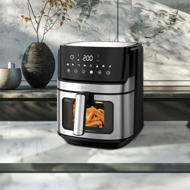 Friteuza cu aer cald Samus AF6.5B-S1700DW, 6.5 l, 1700 W, Timer 0-60 minute, Afisaj electronic, 8 programe, Temperatura ajustabila 80-200 C (Negru/Inox)