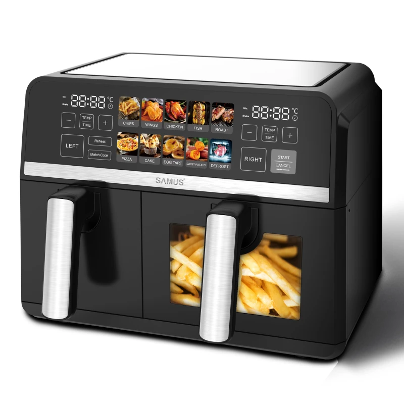 Friteuza dubla cu aer cald Samus AF9DUO-S2600DW, 9 l, 2600 W, Timer 0-60 minute, Fereastra, 10 programe, Temperatura ajutabila 50-200 C (Negru)
