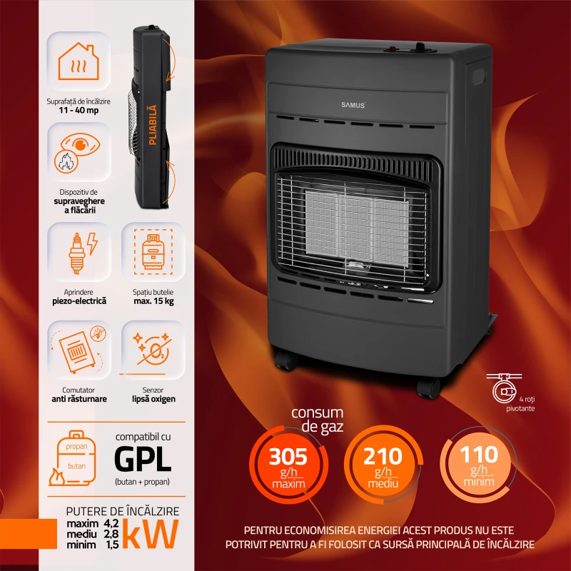 Soba Samus RS424P, Trei trepte de putere: 1.5 / 2.8 / 4.2 kW, Aprindere piezoelectrica, Pliabila, Se utilizeaza cu GPL / Butan / Propan, Butelie de pana la 15 kg, Include comutator anti-rasturnare, Negru