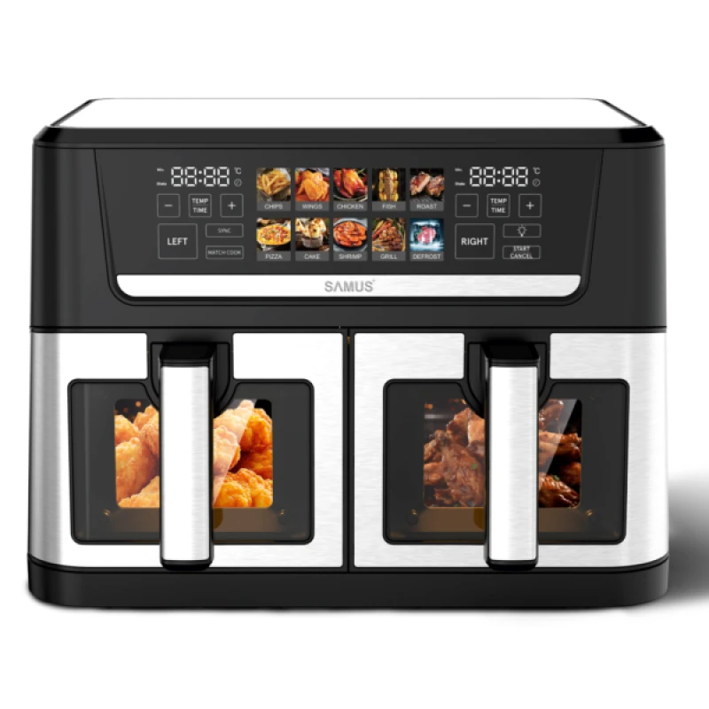 Friteuza dubla cu aer cald Samus AF12TWIN-S2800DW, 12 l, 2800 W, Afisaj electronic color, Timer 0-60 minute, 10 programe (Negru/Inox)