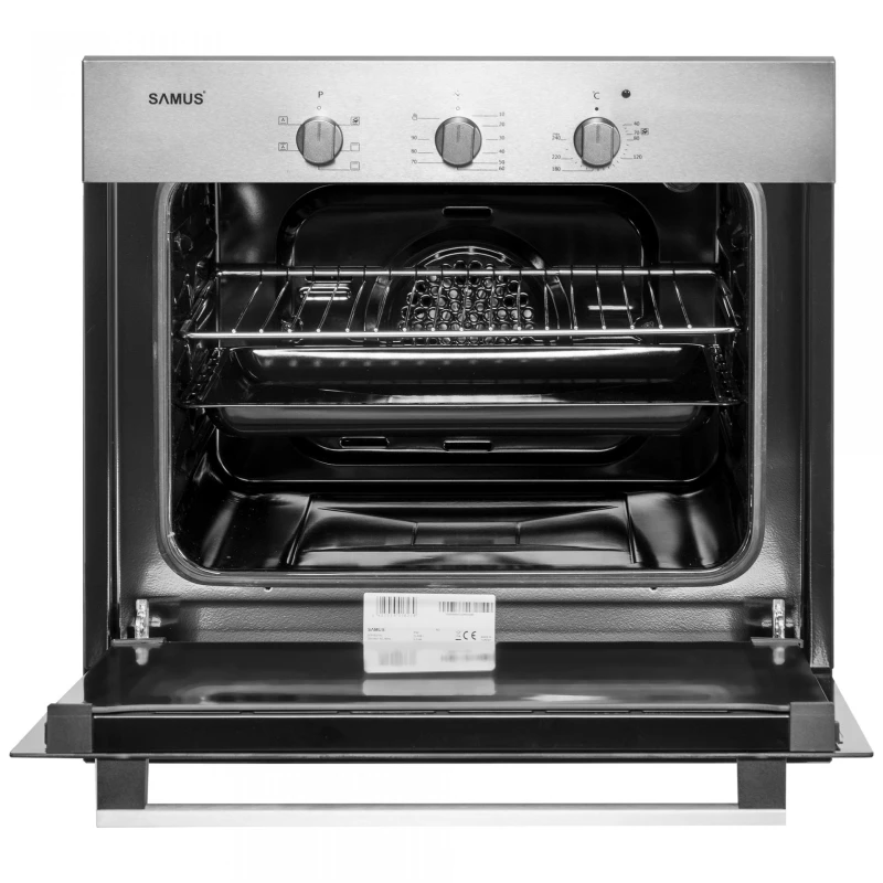 Cuptor incorporabil Samus SC616GTXV, Electric, 62 L, 5 functii, Timer, Ventilatie tangentiala de racire, Clasa A, Geam Low-E, Butoane ergonomice, Maner metalic, Negru/Inox