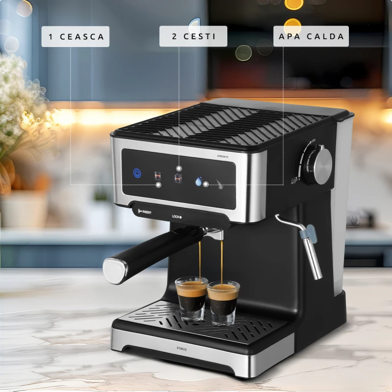 Espressor manual Samus Espressia 20, 1150 W, Ecran IMD integrat, 20 bari, 3 optiuni, Rezervor apa 1.8 l, Spumare cu abur (Negru/Inox)