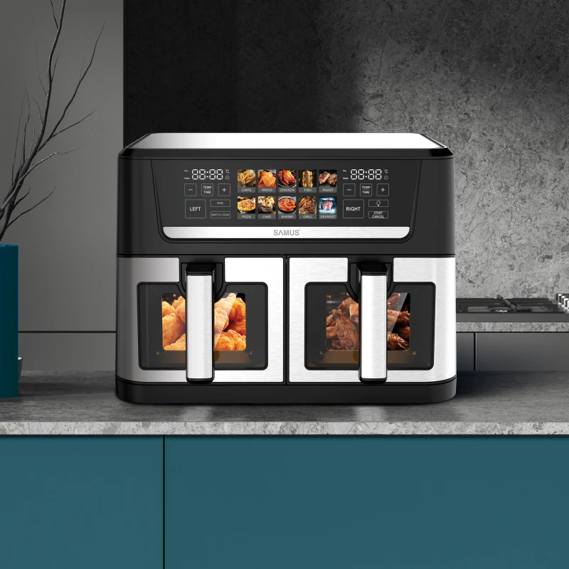 Friteuza dubla cu aer cald Samus AF12TWIN-S2800DW, 12 l, 2800 W, Afisaj electronic color, Timer 0-60 minute, 10 programe (Negru/Inox)