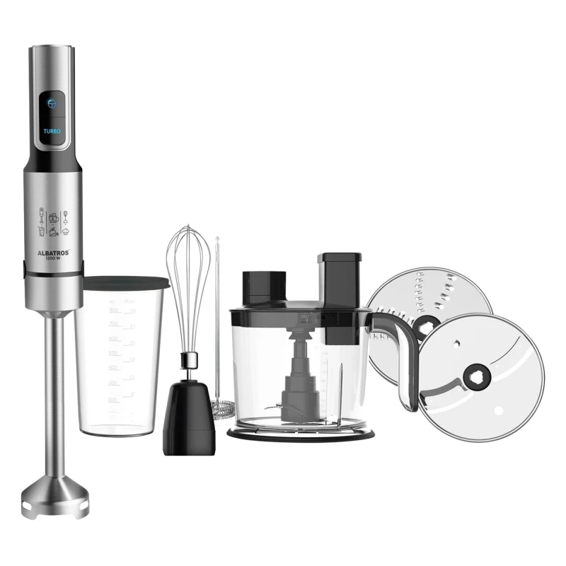 Albatros Blender MR1200A, 6 in 1, 1200 W, Turatie reglabila, Pulse, pahar 0.8 l, vas 1.5 l, Inox/negru