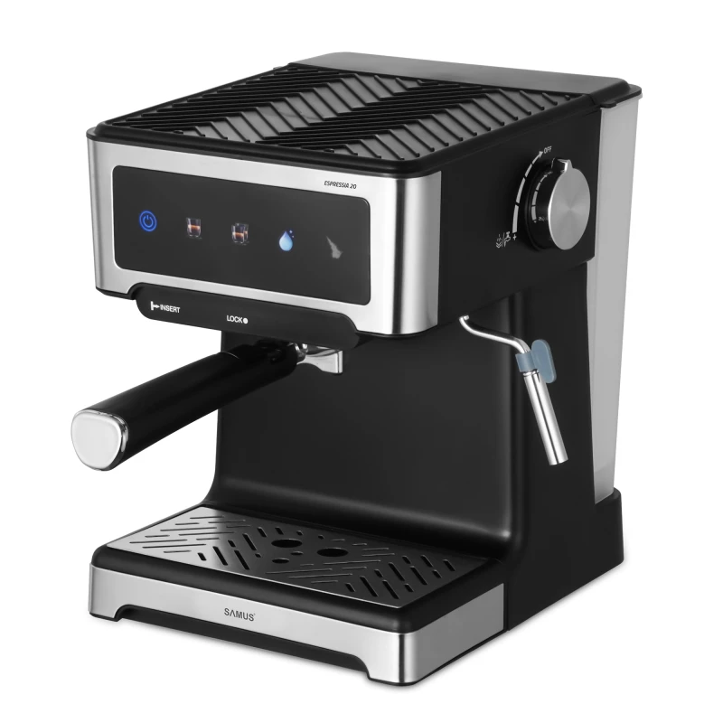 Espressor manual Samus Espressia 20, 1150 W, Ecran IMD integrat, 20 bari, 3 optiuni, Rezervor apa 1.8 l, Spumare cu abur (Negru/Inox)