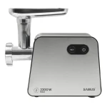 Masina de tocat carne Samus SMT2200X, 2200 W, Cutit din inox, 1 viteza + revers, 3 site din otel, Accesoriu rosii, Accesoriu pentru carnati, Negru/Inox
