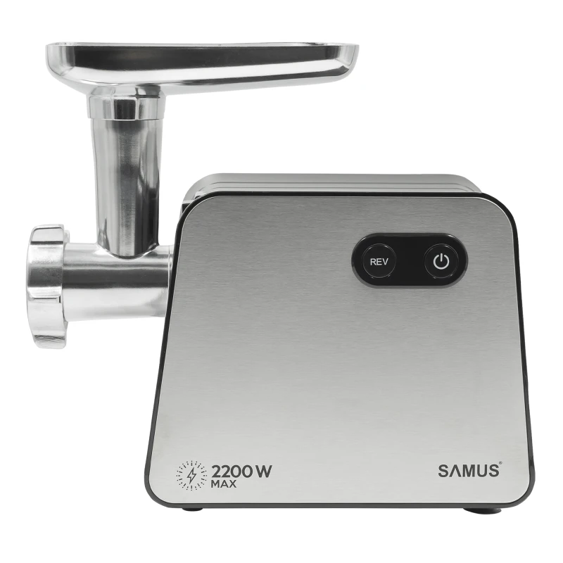 Masina de tocat carne Samus SMT2200X, 2200 W, Cutit din inox, 1 viteza + revers, 3 site din otel, Accesoriu rosii, Accesoriu pentru carnati, Negru/Inox