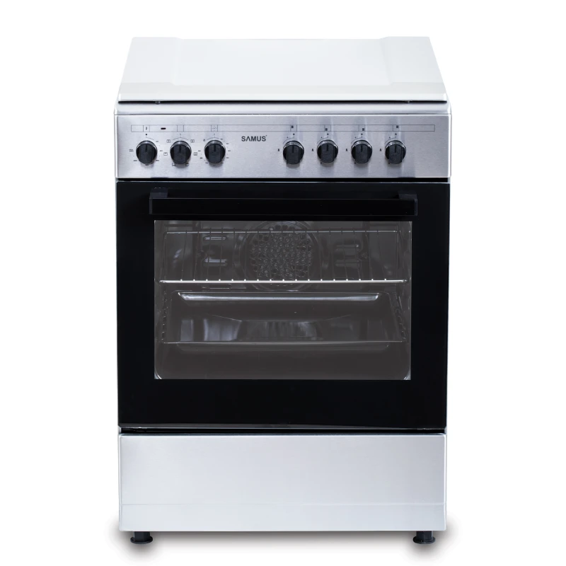 Aragaz SAMUS SM662AENS1, Gaz+Electric, 4 arzatoare, Wok, Cuptor electric 56 l, 7 functii, Clasa A (Inox)