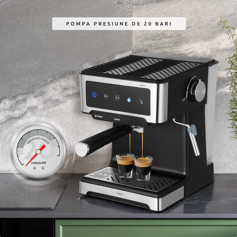 Espressor manual Samus Espressia 20, 1150 W, Ecran IMD integrat, 20 bari, 3 optiuni, Rezervor apa 1.8 l, Spumare cu abur (Negru/Inox)