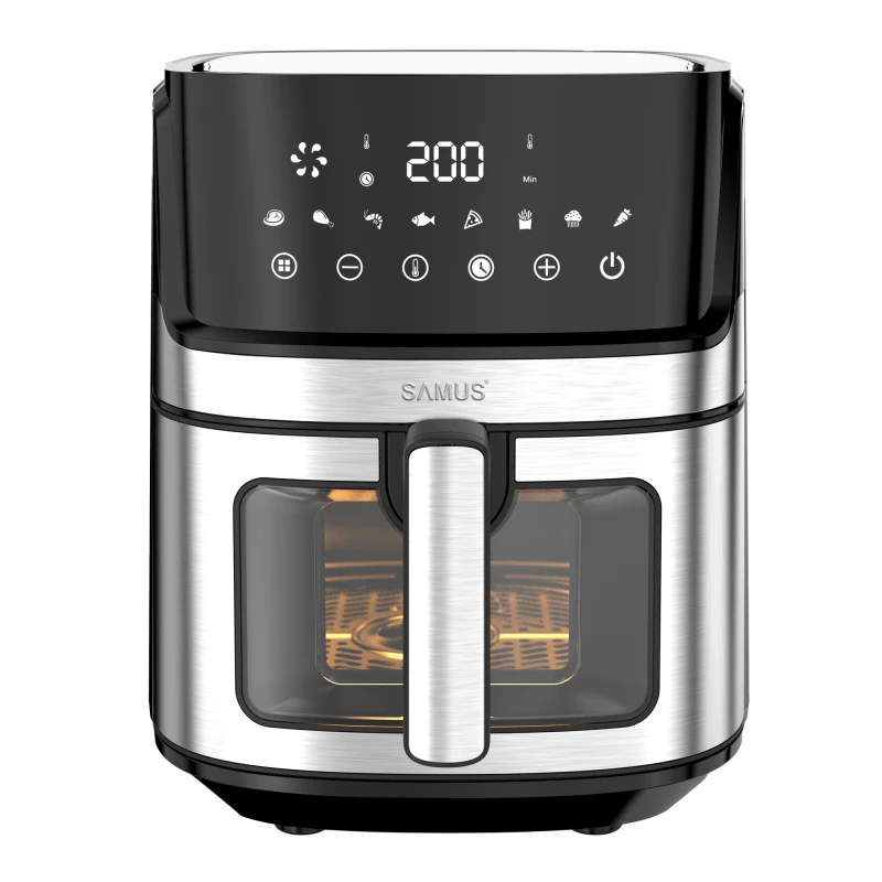 Friteuza cu aer cald Samus AF6.5B-S1700DW, 6.5 l, 1700 W, Timer 0-60 minute, Afisaj electronic, 8 programe, Temperatura ajustabila 80-200 C (Negru/Inox)