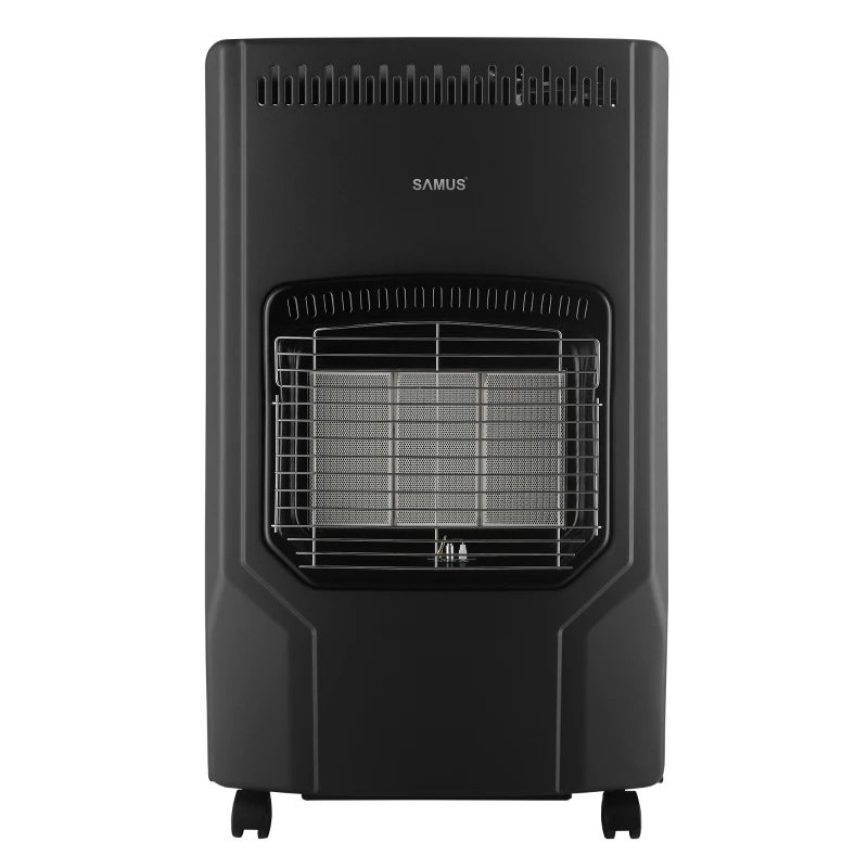 Soba Samus RS423, Trei trepte de putere: 1.5 / 2.8 / 4.2 kW, Butelie de pana la 15 kg, Aprindere piezoelectrica, Comutator anti-rasturnare, Se utilizeaza cu GPL / Butan / Propan, Negru