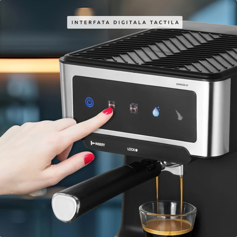 Espressor manual Samus Espressia 20, 1150 W, Ecran IMD integrat, 20 bari, 3 optiuni, Rezervor apa 1.8 l, Spumare cu abur (Negru/Inox)
