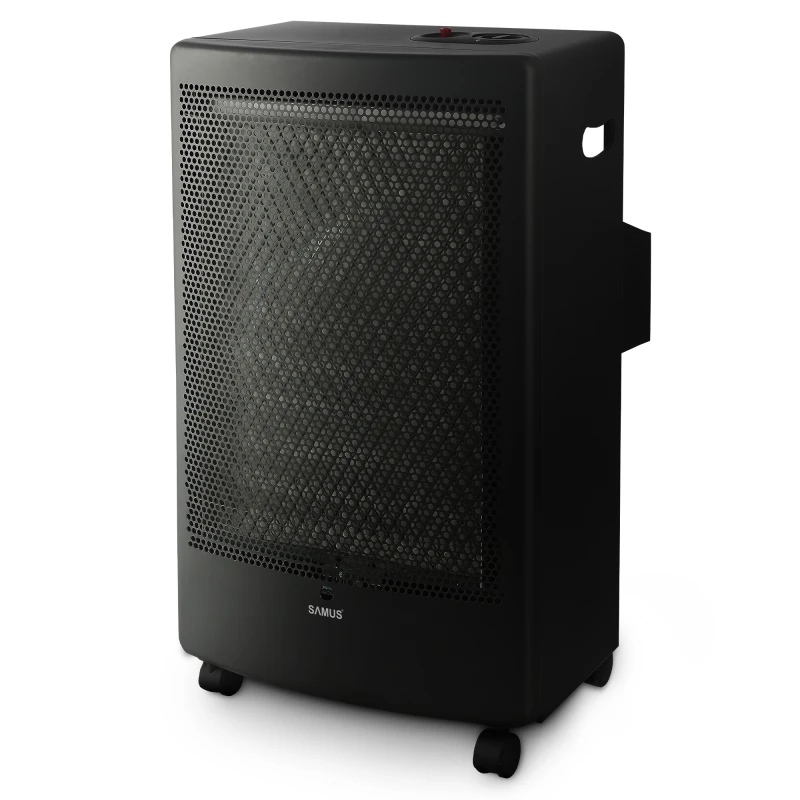 Soba Samus RS426C, Doua trepte de putere: 1.3 kW / 3.0 kW, Aprindere piezoelectrica, Arzator catalitic de clasa superioara, Butelie de gaz de pana la 13 kg, Tip de gaz: GPL / Butan / Propan, Negru