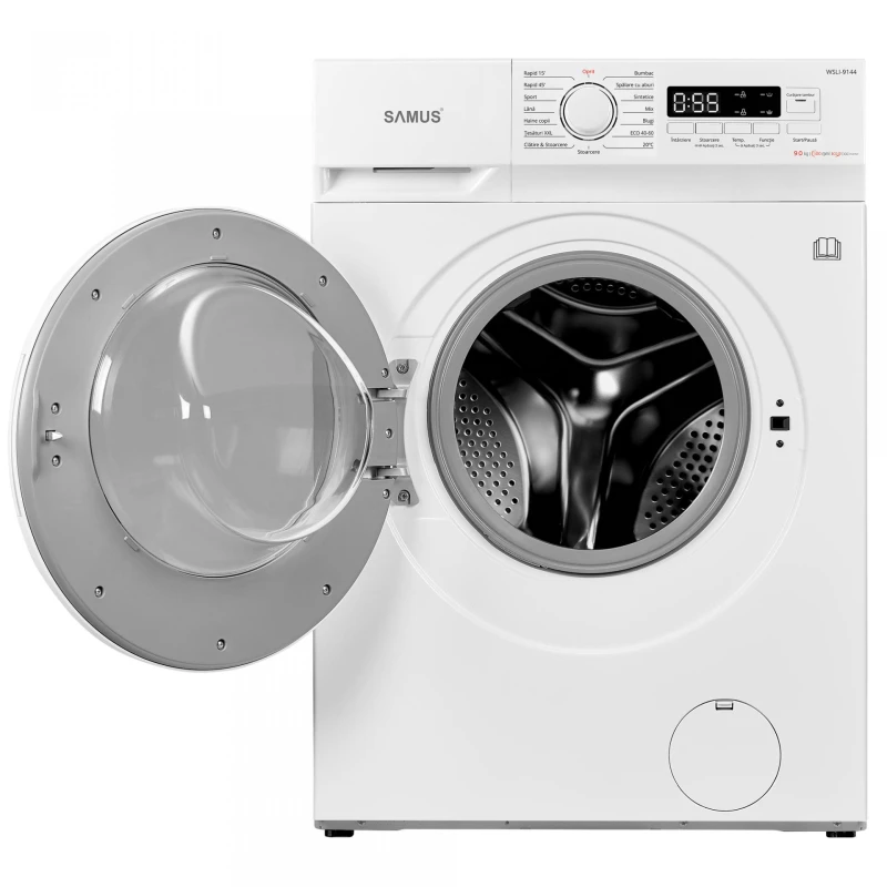 Masina de spalat rufe Samus WSLI-9144, 9 kg, Slim, Motor inverter, 1400 rotatii, 15 programe, Clasa energetica A, Termostat reglabil, Curatare tambur, Blocare acces copii (Alb)