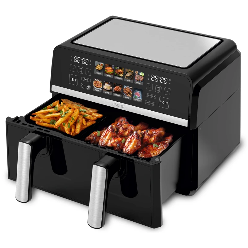 Friteuza cu aer cald Samus AF9BIG-S2500DW, 2500 W, 9 L, Separator compartiment detasabil, 10 programe presetate, Negru