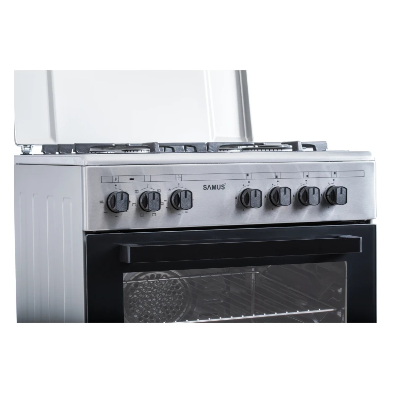 Aragaz SAMUS SM662AENS1, Gaz+Electric, 4 arzatoare, Wok, Cuptor electric 56 l, 7 functii, Clasa A (Inox)