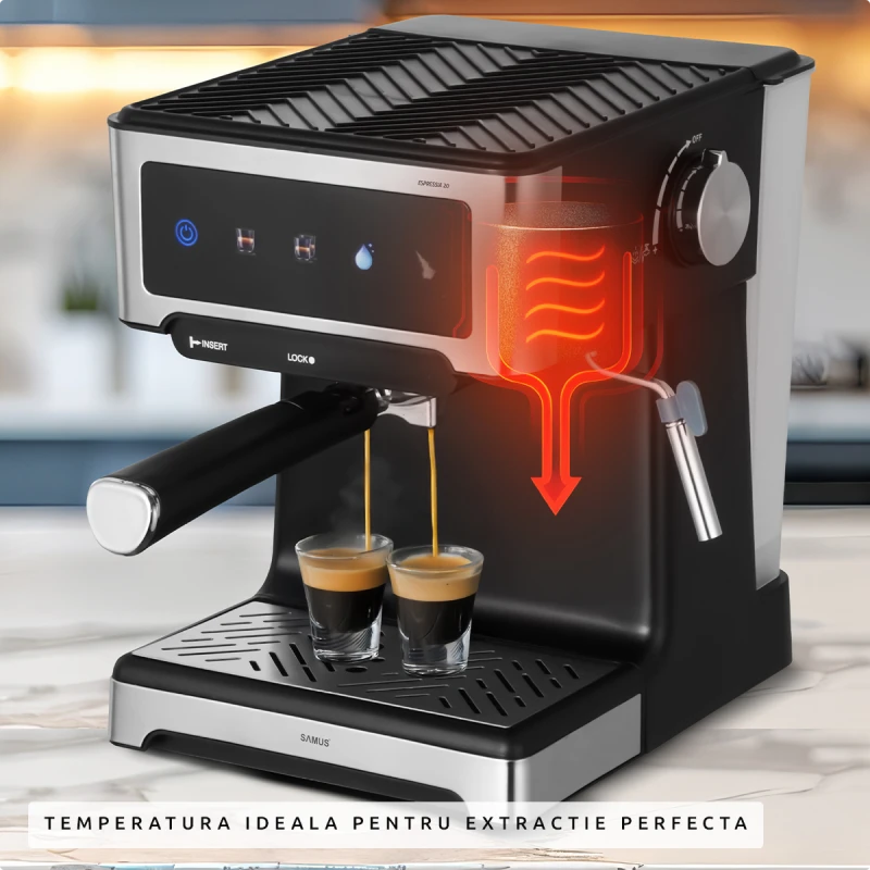 Espressor manual Samus Espressia 20, 1150 W, Ecran IMD integrat, 20 bari, 3 optiuni, Rezervor apa 1.8 l, Spumare cu abur (Negru/Inox)