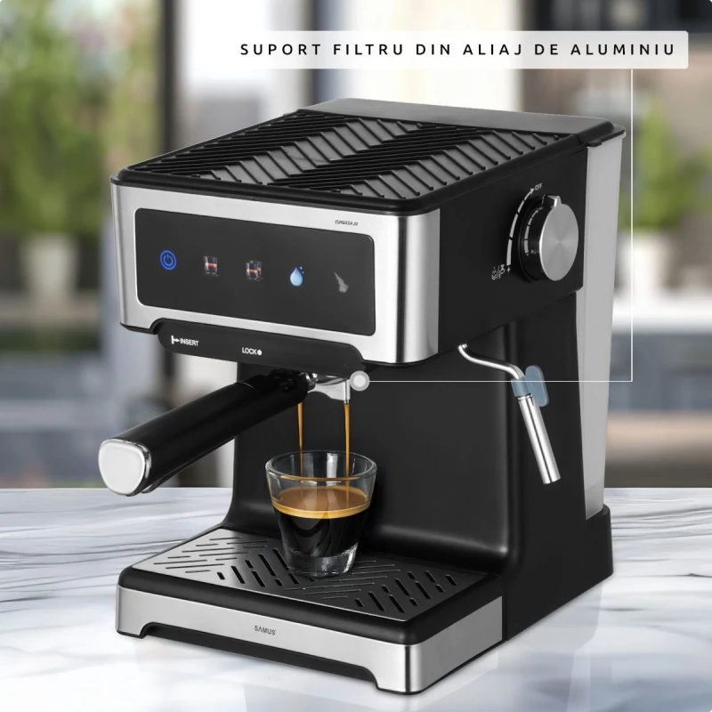 Espressor manual Samus Espressia 20, 1150 W, Ecran IMD integrat, 20 bari, 3 optiuni, Rezervor apa 1.8 l, Spumare cu abur (Negru/Inox)