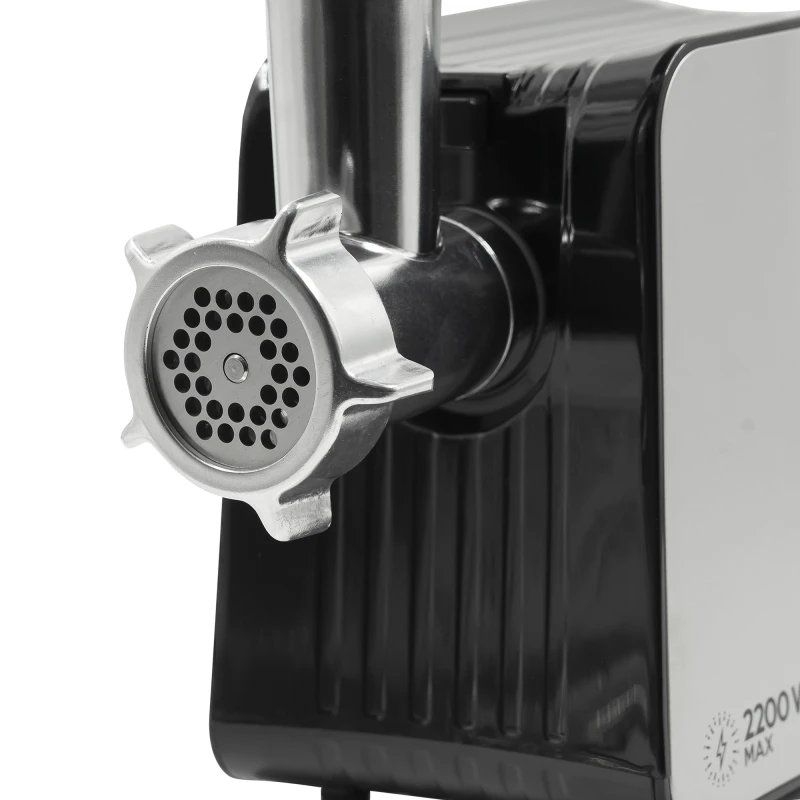 Masina de tocat carne Samus SMT2200X, 2200 W, Cutit din inox, 1 viteza + revers, 3 site din otel, Accesoriu rosii, Accesoriu pentru carnati, Negru/Inox