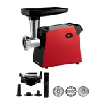 Masina de tocat carne Samus SMT1210RED, 1200 W, cutit din inox, 3 site metalice, accesoriu pentru rosii, accesoriu pentru carnati, culoare rosie