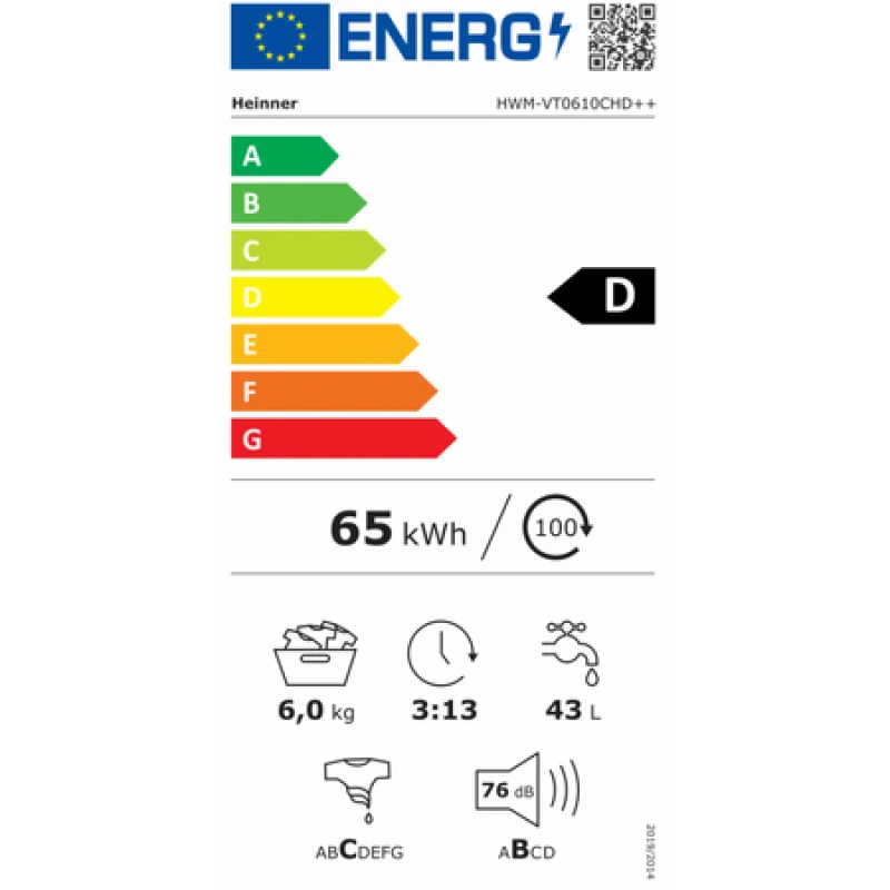 Masina de spalat rufe Heinner HWM-VT0610CHD++, 6 kg, 1000 rpm, Clasa D, Display digital, Blocare acces copii, Alb