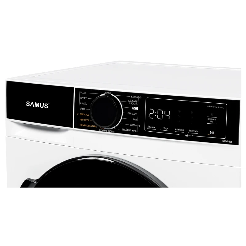 Uscator de rufe Samus SADP-835, Pompa de caldura, 8 kg, 15 programe, Clasa D, Igienizare UV (Alb)